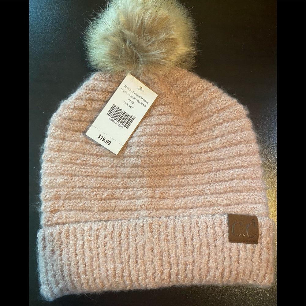NWT CC Light Pink (Rose) Winter Hat with Brown Faux Fur Pom Pom on top.